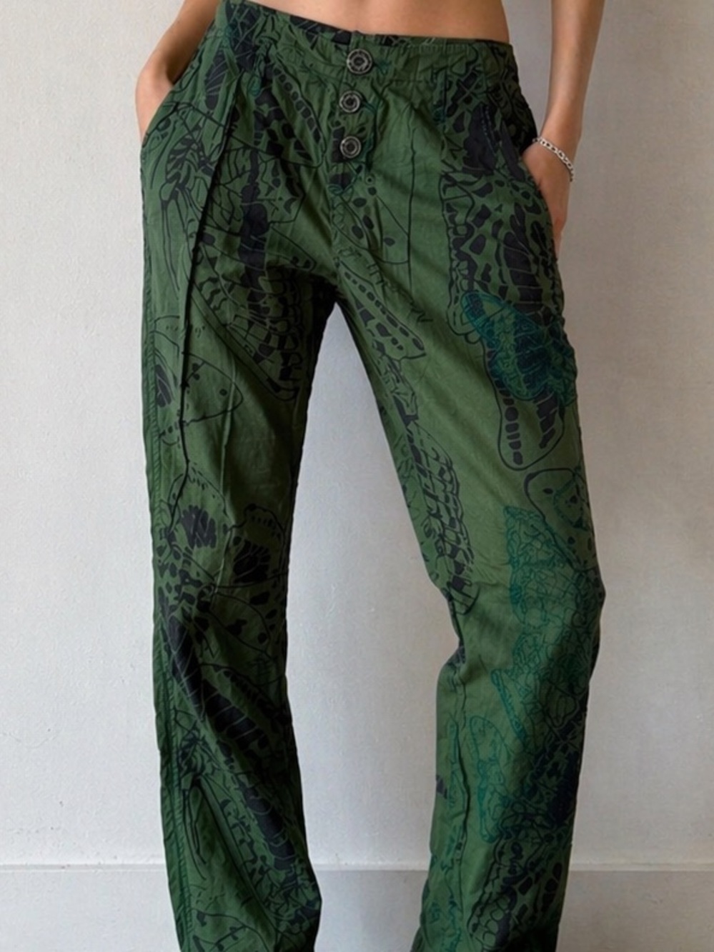 Desigual Green Butterfly Embroidered Pants Slim Boho Artsy